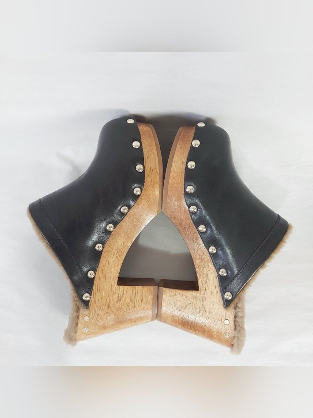Beek Studs Chunky Cozy High Heel Woodpecker Shearling Clogs Size 7 Black Leather - Picture 6 of 11